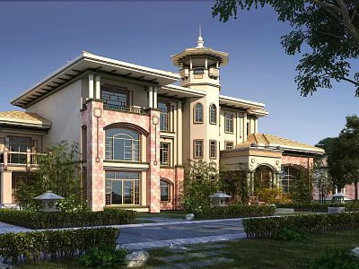 European Style Detached Villa With Tower Courtyard Greenery And Stone Brick Exterior 3d model