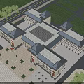 Modern School Building with Clock Tower Twin Towers Spacious Square and Blue Sky White Clouds