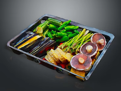 Assorted Fresh Vegetables on a Tray Including Asparagus Bell Peppers and Mushrooms 3d model