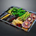 Assorted Fresh Vegetables on a Tray Including Asparagus Bell Peppers and Mushrooms