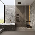 Elegant Modern Bathroom Interior With Marble Walls Bathtub Shower And Large Scenic Window View