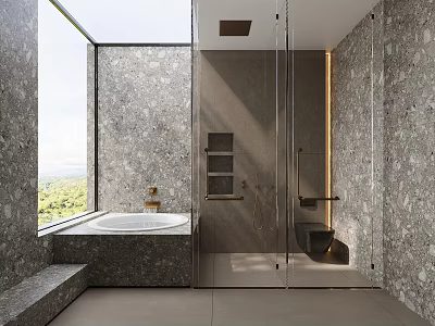 Elegant Modern Bathroom Interior With Marble Walls Bathtub Shower And Large Scenic Window View 3d model