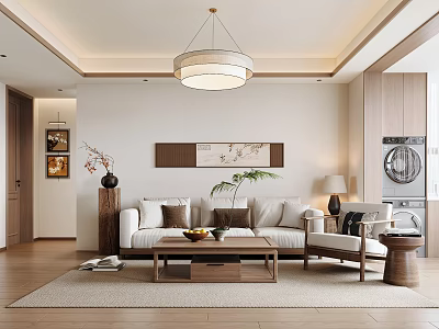 Cozy Modern Living Room with White Sofa Wooden Coffee Table Chandelier and Wall Art 3d model