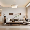 Cozy Modern Living Room with White Sofa Wooden Coffee Table Chandelier and Wall Art