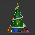 Green Decorated Christmas Tree With Star Top Colorful Ornaments And Gift Boxes Around Base