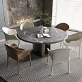 Stylish Round Marble Top Dining Table Set With Six White And Brown Chairs 3d model