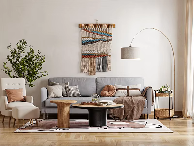 Cozy Living Room Interior With Macrame Wall Hanging Floor Lamp Gray Sofa And Coffee Tables 3d model