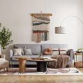Cozy Living Room Interior With Macrame Wall Hanging Floor Lamp Gray Sofa And Coffee Tables