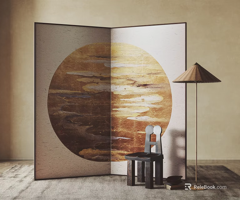 Decorative Interior Screen With Circular Golden Wave Pattern And Chair Floor Lamp 3d model