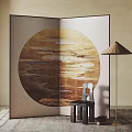 Decorative Interior Screen With Circular Golden Wave Pattern And Chair Floor Lamp 3d model