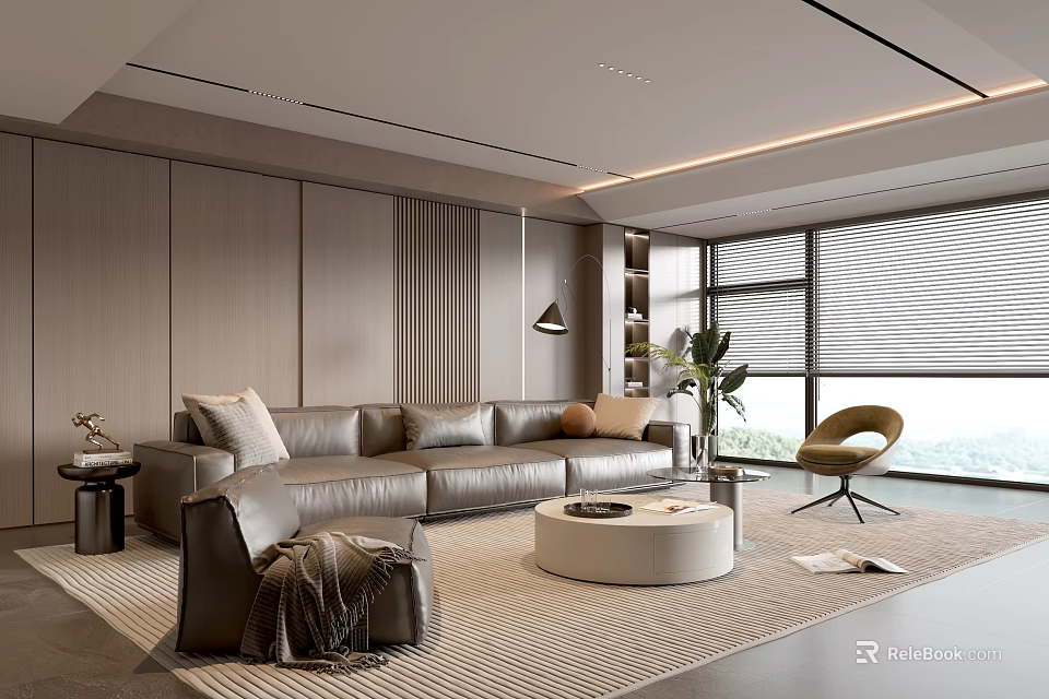 Modern Living Room Interior With Grey Sofa Round Coffee Table And Floor to Ceiling Windows 3d model 