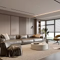 Modern Living Room Interior With Grey Sofa Round Coffee Table And Floor to Ceiling Windows
