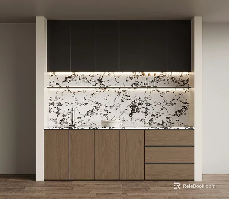 Modern Wine Cabinet With Dark Upper Cabinets Marble Backsplash And Light Wood Base 3d model 
