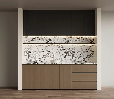 Modern Wine Cabinet With Dark Upper Cabinets Marble Backsplash And Light Wood Base 3d model