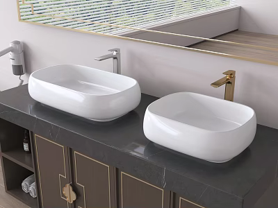 Two White Above Counter Washbasins With Gold Silver Faucets On Black Countertop And Dark Cabinets 3d model