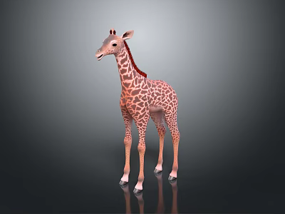 3D Model Toy Giraffe With Brown Spots And Red Mane On Black Reflective Surface 3d model