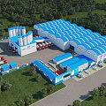 Industrial Factory With Blue White Roof Silos Trucks Facilities And Green Surroundings