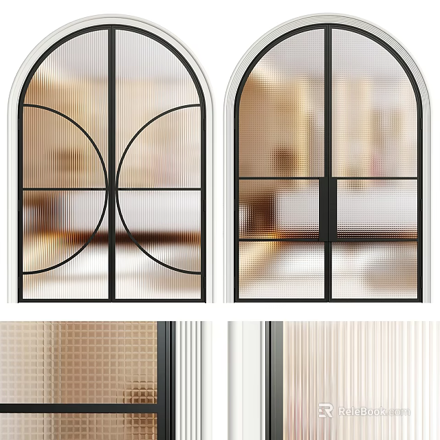 Arched Windows In Various Styles With Black Frames And Grid Designs For Interior 3d model
