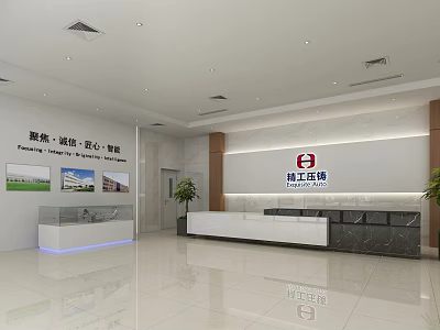Hotel Lobby Interior Featuring Reception Desk Marble Countertop Display Cabinet and Potted Plants 3d model