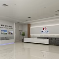 Hotel Lobby Interior Featuring Reception Desk Marble Countertop Display Cabinet and Potted Plants