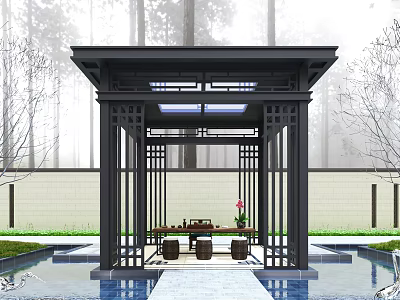 Traditional Chinese Pavilion With Black Frame Glass Roof Water Pool And Green Plants 3d model