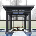 Traditional Chinese Pavilion With Black Frame Glass Roof Water Pool And Green Plants