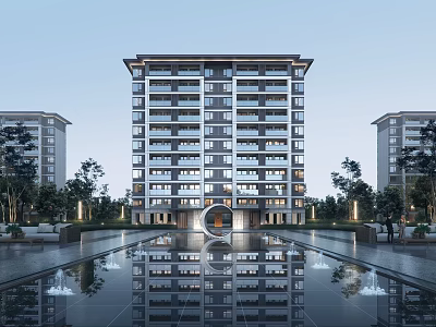 Modern Symmetrical Multi storey Residential Building With Reflective Pool And Landscaped Gardens 3d model