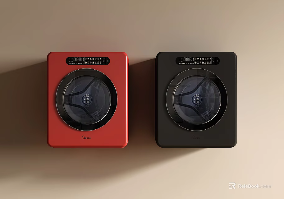 Midea Red And Black Washing Machines Square Design With Round Transparent Door Control Panel 3d model 