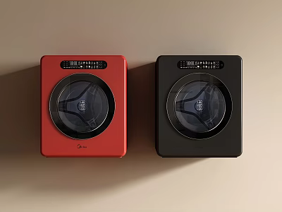 Midea Red And Black Washing Machines Square Design With Round Transparent Door Control Panel 3d model