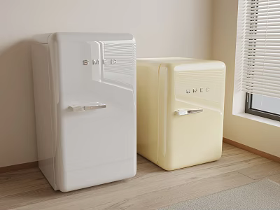 SMETA Retro Refrigerators White And Cream Interior With Wooden Floor And Window 3d model