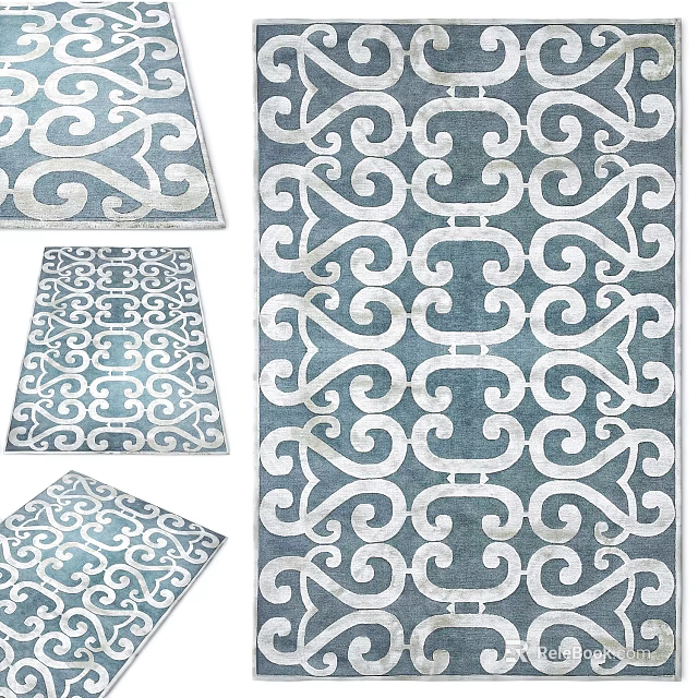 Square Rugs Featuring Intricate White Curlicue Patterns On Blue Background Various Designs 3d model