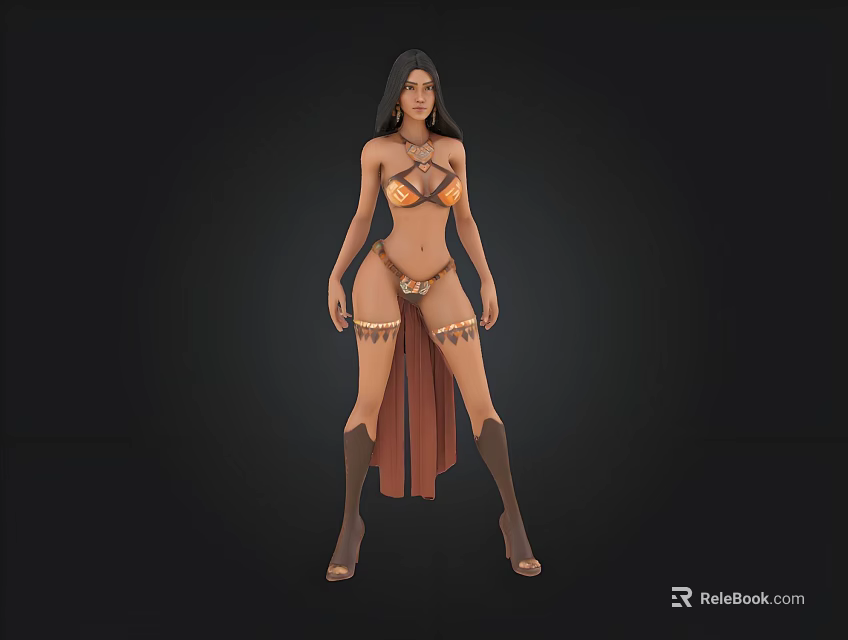 3D Model Woman In Fantasy Bikini Top With Decorative Skirt And Thigh High Boots 3d model 