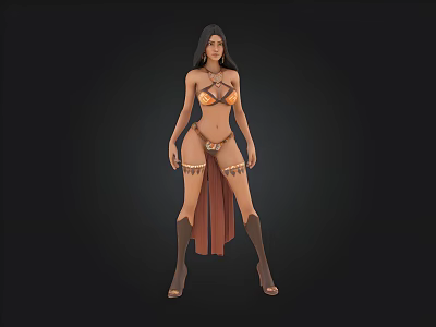 3D Model Woman In Fantasy Bikini Top With Decorative Skirt And Thigh High Boots 3d model