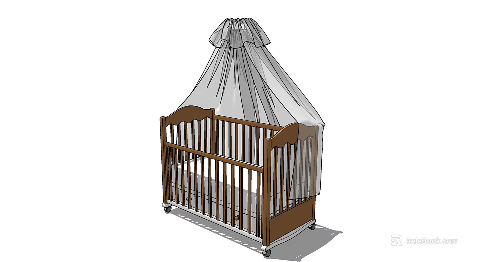 Wooden Brown Baby Crib with White Ruffled Canopy and Wheels for Nursery 3d model 