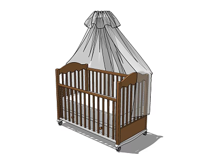 Wooden Brown Baby Crib with White Ruffled Canopy and Wheels for Nursery 3d model