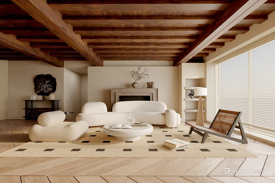 Modern Living Room With Wooden Beam Ceiling White Sofa Fireplace Round Coffee Table And Rug 3d model 