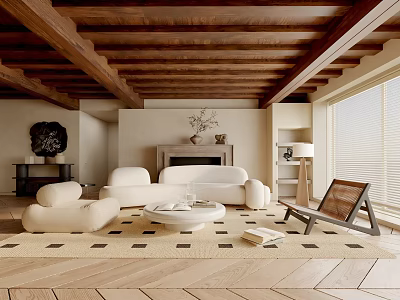 Modern Living Room With Wooden Beam Ceiling White Sofa Fireplace Round Coffee Table And Rug 3d model