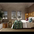 Hotel Room with Gray Walls Shutter Windows Wooden Headboard Green Patterned Blanket and Colorful Cushions
