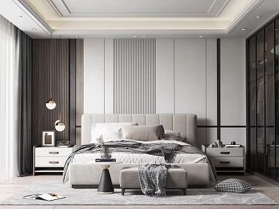 Modern Bedroom Interior With Upholstered Bed Striped Wall Panels Pendant Lights Rug And Bench 3d model