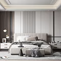 Modern Bedroom Interior With Upholstered Bed Striped Wall Panels Pendant Lights Rug And Bench
