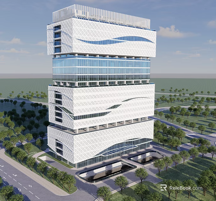 Modern Office Building With Glass Curtain Walls Wavy Facade And Landscaped Surroundings 3d model 