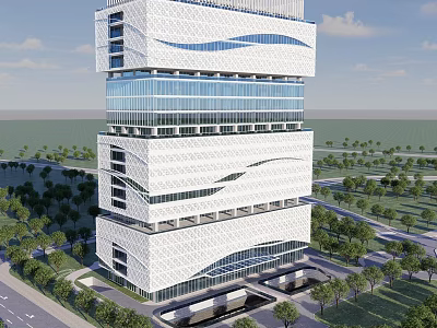 Modern Office Building With Glass Curtain Walls Wavy Facade And Landscaped Surroundings 3d model