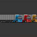 Three Colored Cargo Trucks With White Trailers On Black Reflective Surface