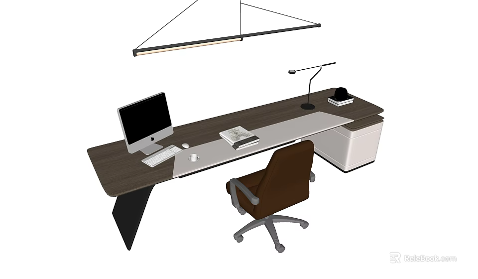 Modern Office Desk With Computer Book Desk Lamp Telephone And Brown Office Chair 3d model 