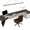 Modern Office Desk With Computer Book Desk Lamp Telephone And Brown Office Chair