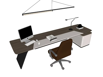 Modern Office Desk With Computer Book Desk Lamp Telephone And Brown Office Chair 3d model
