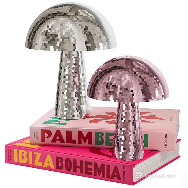 Stacked Books With PALMBEACH And IBIZA BOUTIQUE Covers Featuring Silver Pink Mushroom Shaped Sequin Lamps 3d model 