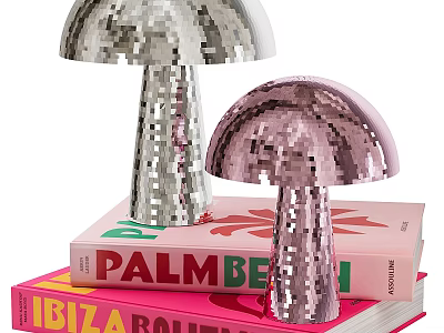 Stacked Books With PALMBEACH And IBIZA BOUTIQUE Covers Featuring Silver Pink Mushroom Shaped Sequin Lamps 3d model