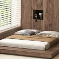 Modern Platform Double Bed With Wooden Headboard Wall White Shutters And Niche Decor
