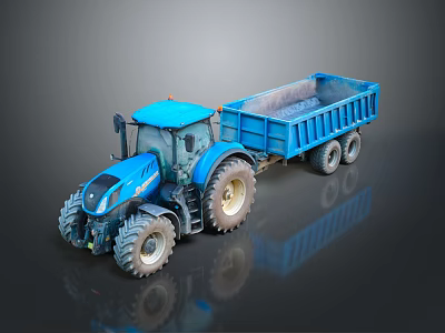Blue Tractor With Attached Dump Trailer And Large Wheels On Reflective Surface 3d model